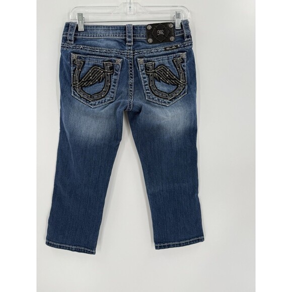 Miss Me Signature Capris Jeans Size 27 Horseshoe Angel Wings 30" x  20.5" EUC - Picture 9 of 16